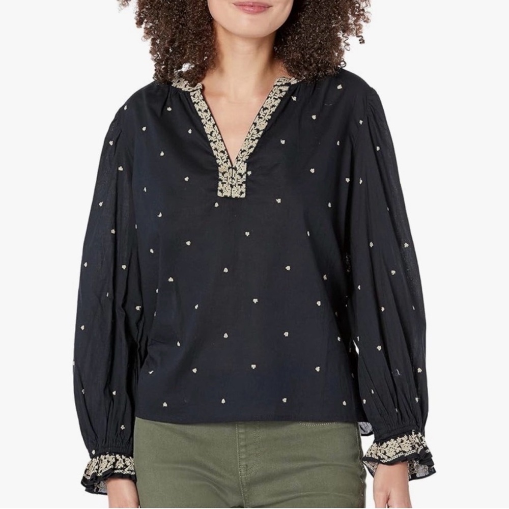 Velvet by Graham & Spencer Black Peasant Top Cream Embroidery Boho Cotton XS